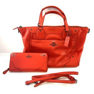 Coach Mickie Leather Satchel Crossbody & Matching Wallet Set - Cardinal Red